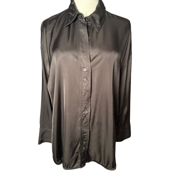 2/$25 ZARA Jet Black M Button-Up Satin Shirt Long Sleeve - Picture 1 of 13